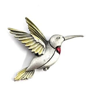 JJ Hummingbird Pewter Green Red Enamel Flying Bird Pin Jonette Jewelry Animal
